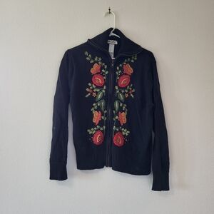 Navy Zip-Front Cardigan with Red Floral Embroidery